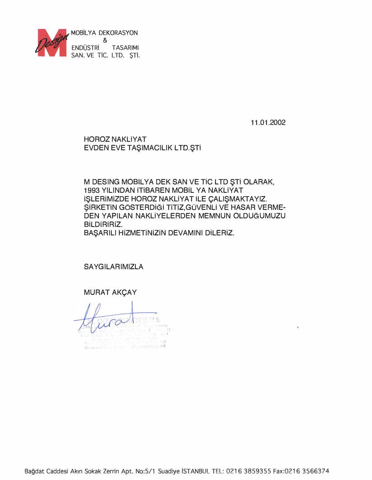 Horoz Nakliyat referans mektubu 1