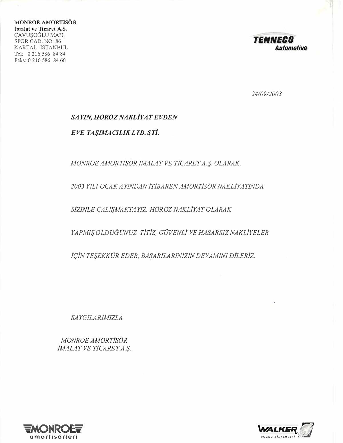 Horoz Nakliyat referans mektubu 2